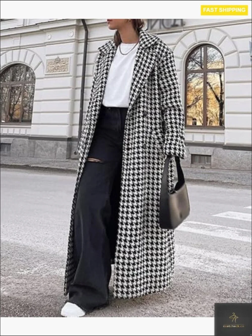 Houndstooth Wool Blend Trench Coat Double Breasted Pea Coat Classic Elegant_3